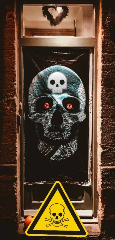 Haunting skull door with red-eyed wallpaper design.