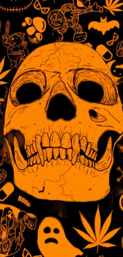 Eerie skull with Halloween symbols, orange themed wallpaper.