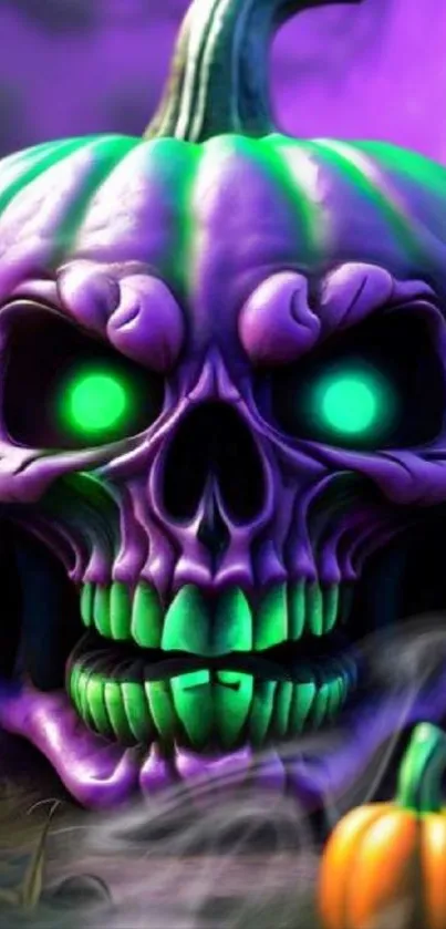 Purple Halloween pumpkin with skull face glowing green eyes.