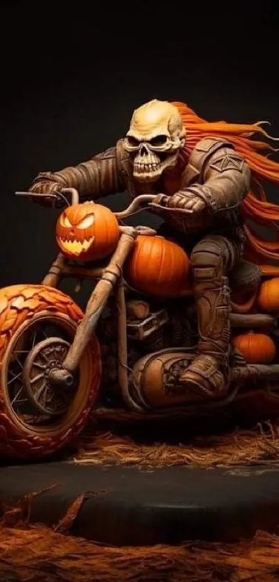 Halloween themed skull rider on a pumpkin motorcycle with flaming hair.