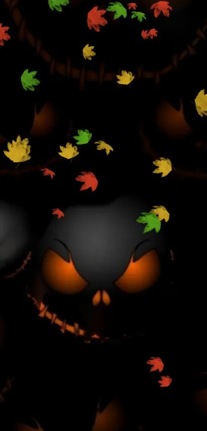 Eerie Halloween skull design with floating autumn leaves on a dark background.