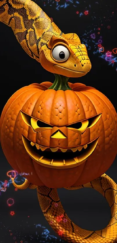 A coiled snake wrapping around a carved pumpkin, set against a dark background.