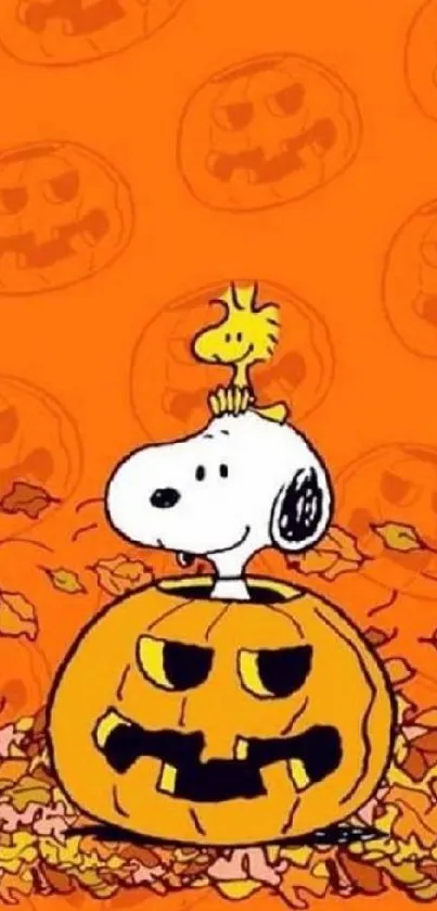 Snoopy with a pumpkin on an orange Halloween background.