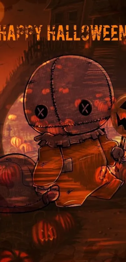 Spooky doll with Halloween theme and pumpkins in dark orange background.