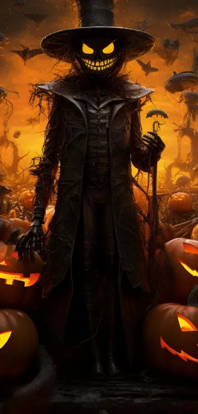 Spooky scarecrow with pumpkins in Halloween wallpaper.