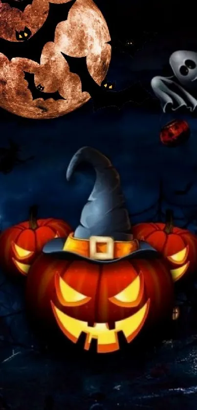 Spooky Halloween mobile wallpaper with pumpkins, bats, and moon.