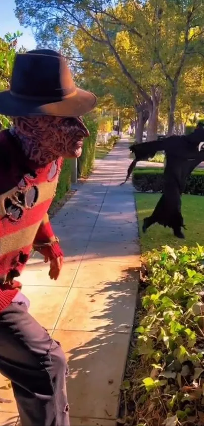 Spooky Halloween scene with creepy figure in striped sweater on a sunny street.