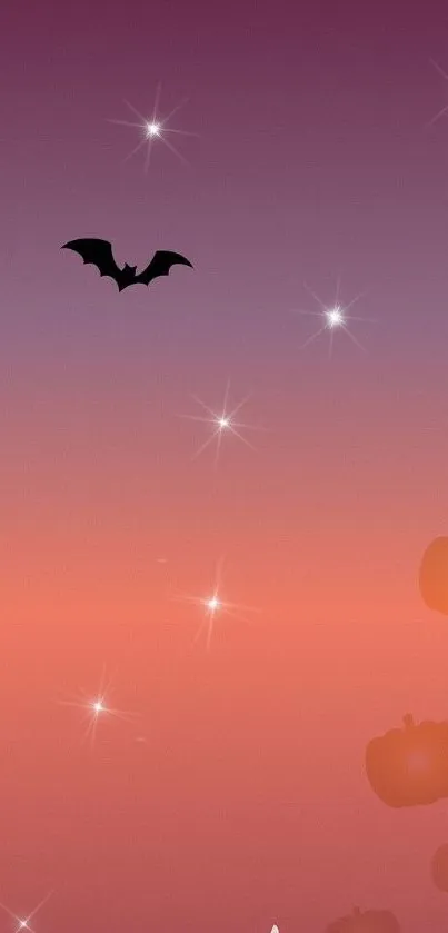 Halloween sunset wallpaper with bats and pumpkins on a purple-orange gradient background.