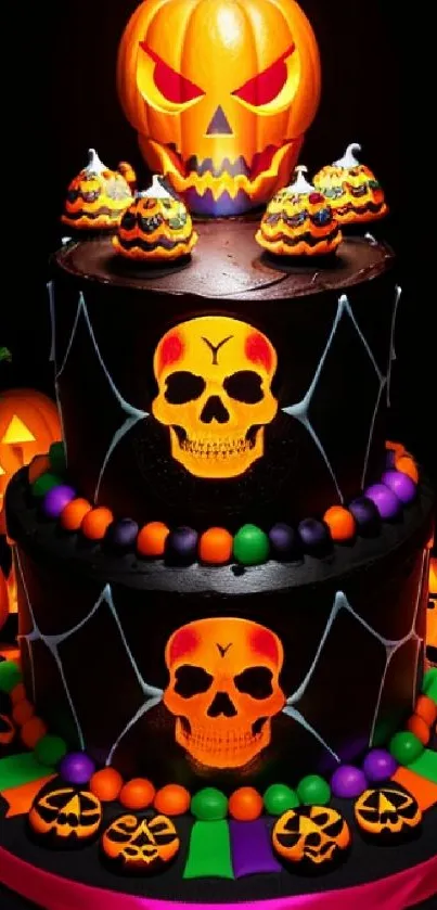 Vibrant Halloween cake with pumpkins and skulls on dark background.