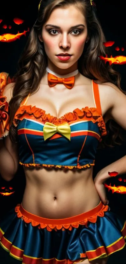 Vibrant Halloween costume wallpaper with pumpkins and orange accents.