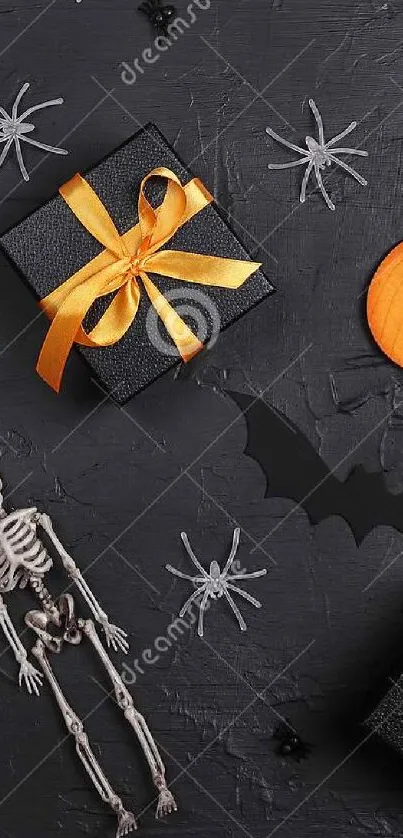 Halloween wallpaper with pumpkins, bats, skeletons, and gifts.