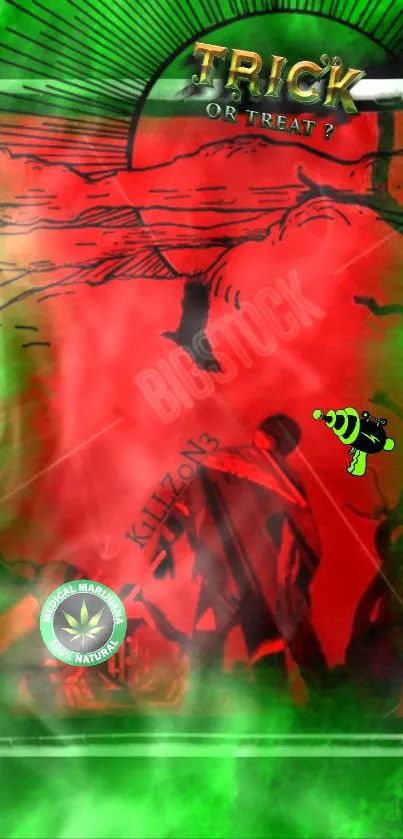 Spooky Halloween wallpaper with red and green hues, featuring 'Trick or Treat' text.