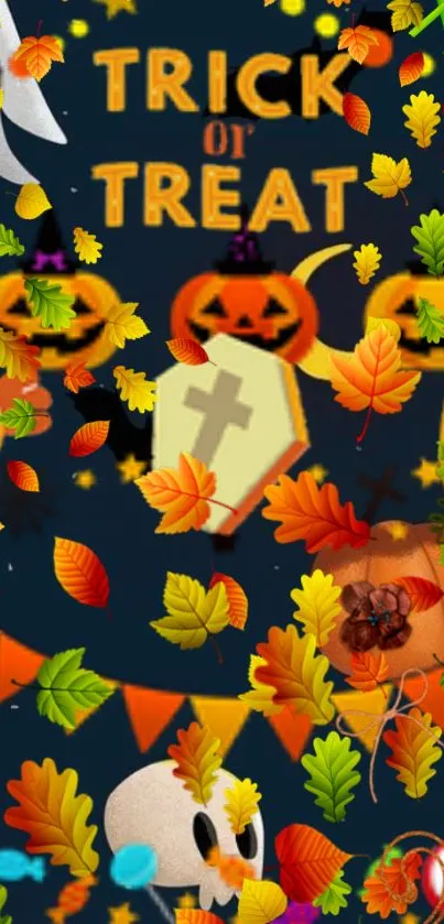 Trick or Treat Halloween wallpaper with pumpkins and leaves.