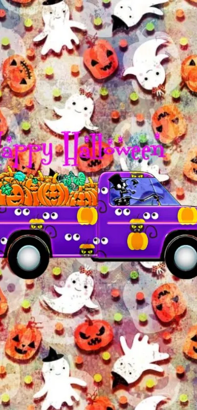 Purple truck Halloween wallpaper with pumpkins and ghosts.