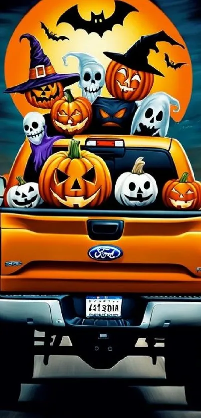 Vibrant Halloween truck with pumpkins and skulls under a full orange moon.