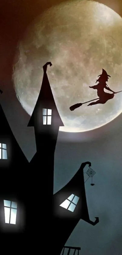 Silhouette of witch flying over haunted house with full moon.