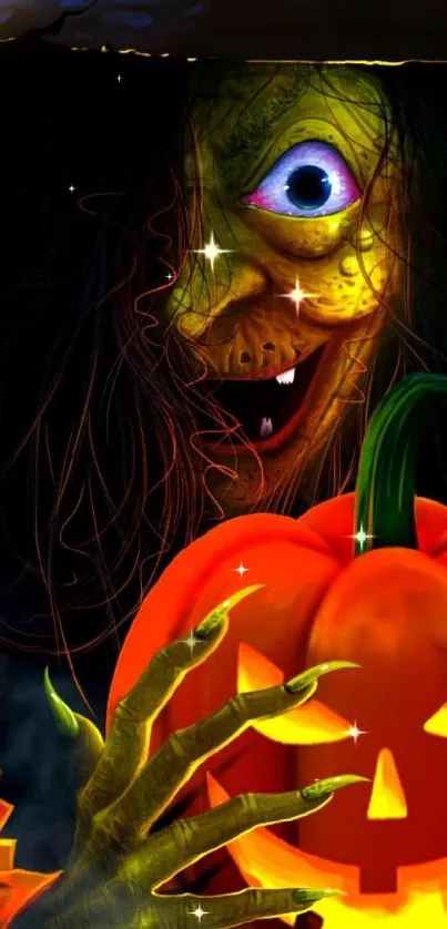 Spooky Halloween witch with glowing pumpkin art, perfect for mobile wallpaper.