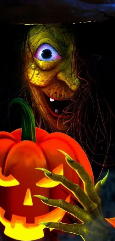 Spooky Halloween witch with glowing pumpkin illustration.