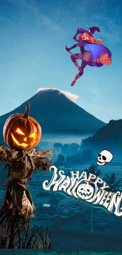 Halloween wallpaper with witch, pumpkin, and mountain.