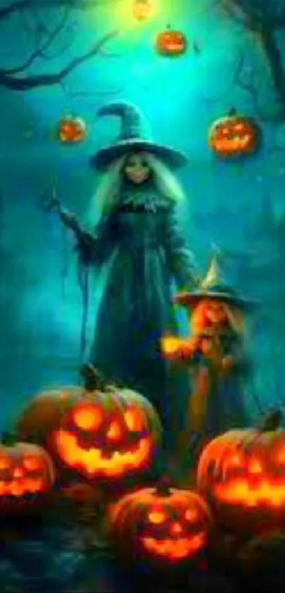 Witch in forest with glowing pumpkins and teal ambiance.