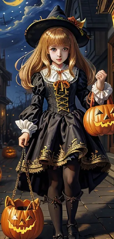 Enchanting girl in witch costume with pumpkins on a moonlit street at Halloween.