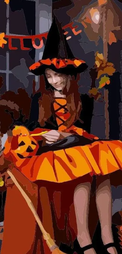 A young witch in orange sits with pumpkins on a festive porch.