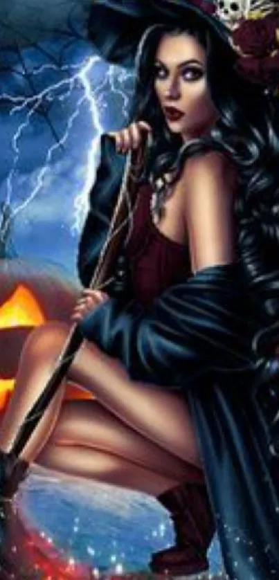 Witch with pumpkins in Halloween night sky.