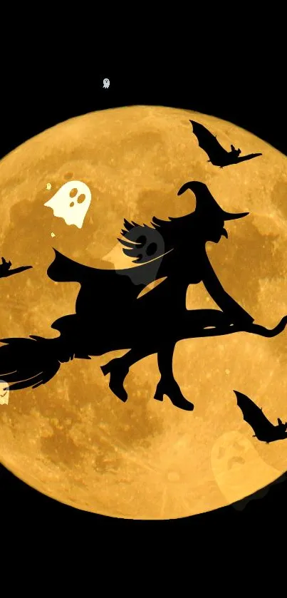 Silhouetted witch flying across a full orange moon with bats and ghosts.