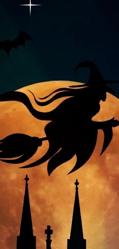 Witch flying across an orange moon in a spooky night scene.