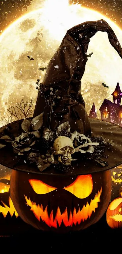 Halloween wallpaper with witch hat on pumpkin and full moon.