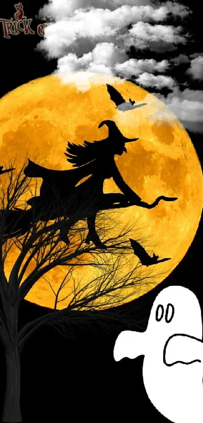 Halloween-themed wallpaper with a witch, moon, and ghost.