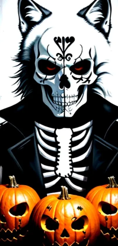 Wolf and skeleton face with pumpkins in Halloween theme.
