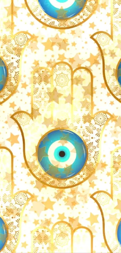 Hamsa hand phone wallpaper with blue and gold motifs.