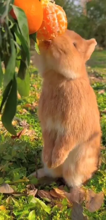 Hamster eating orange in green grass outdoors.