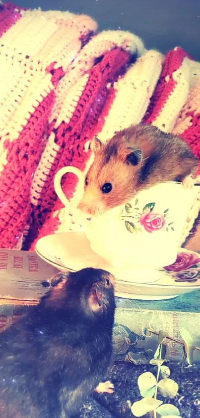 Two hamsters with a teacup in a cozy, vintage setting.