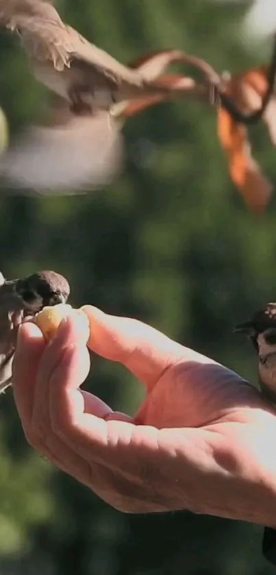 Hand feeding birds with green nature background.