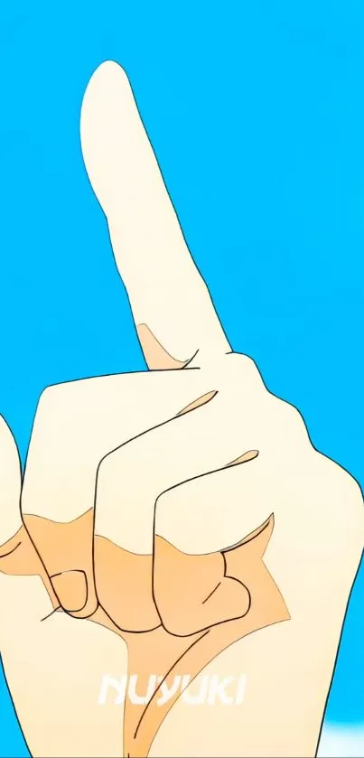 Illustrated hand pointing upward against a vibrant blue sky.