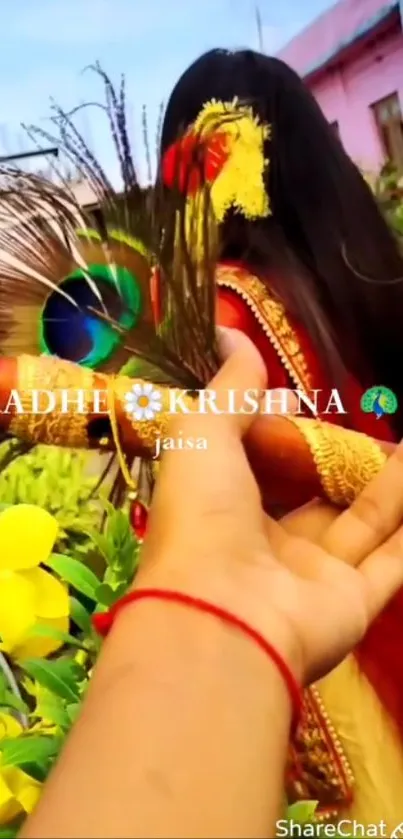 Colorful feather bouquet held in hand, cultural and vibrant visual.