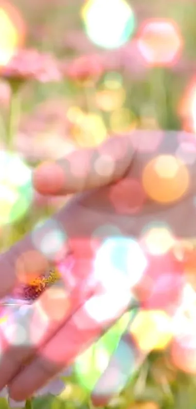 A hand surrounded by pink flowers and bokeh light effects.