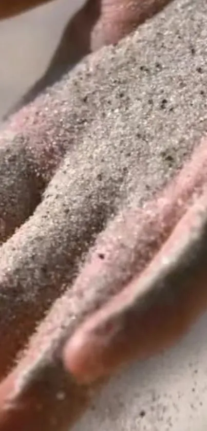 Close-up of a hand covered in fine sand, creating a serene and textured phone wallpaper.