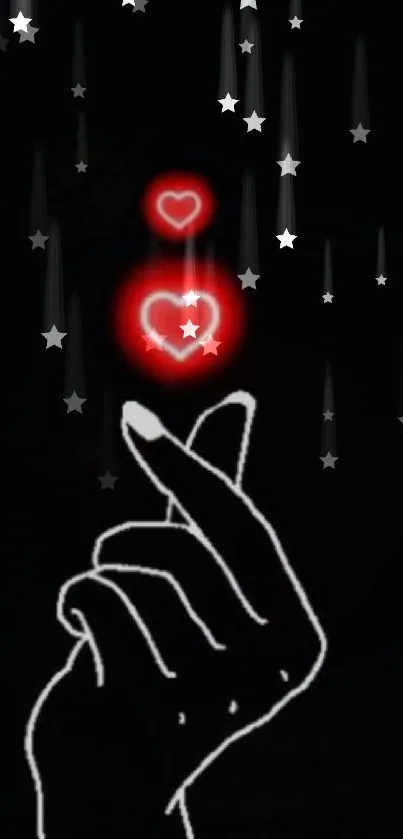 Hand illustration with a glowing red heart and falling stars on a black background.