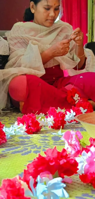 Woman crafting floral garlands with colorful flowers on a patterned surface.