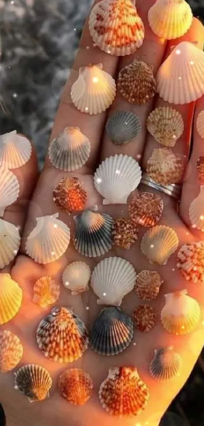 A hand holding colorful seashells with ocean waves in the background.