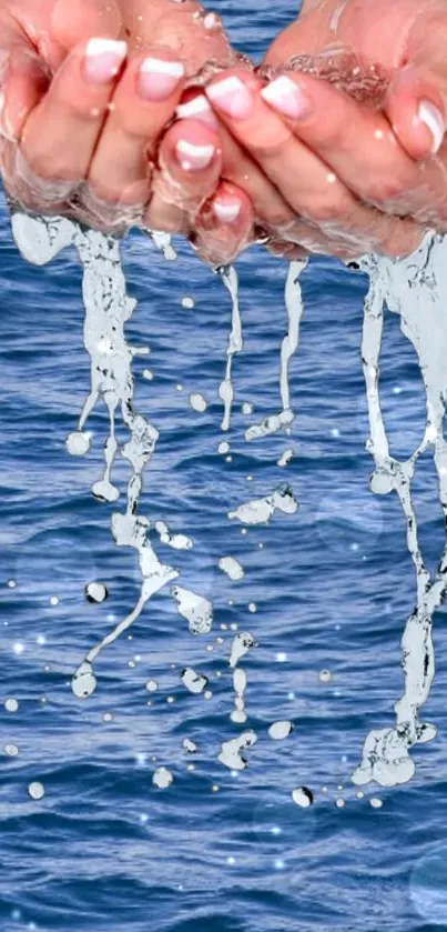 Hands cup water over ocean waves, creating a calming and natural vibe.