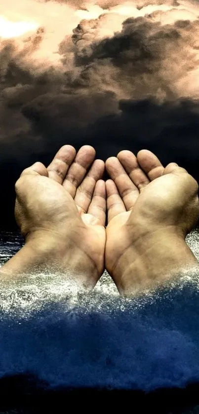 Hands rise from ocean waves beneath stormy clouds, creating dramatic art.