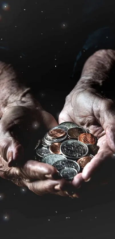 Aged hands cradling coins on a dark background, symbolizing wealth and fragility.