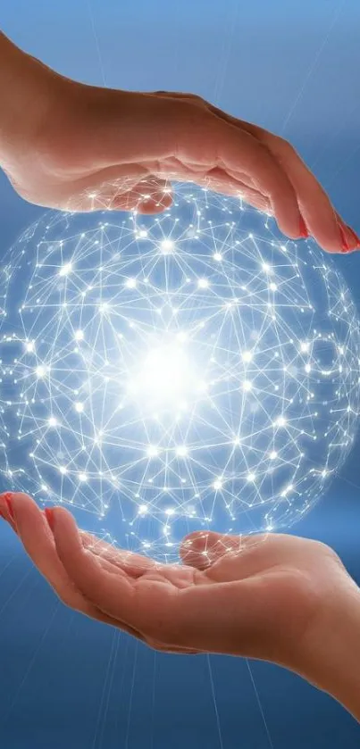 Hands cradling a glowing network sphere against a blue background.