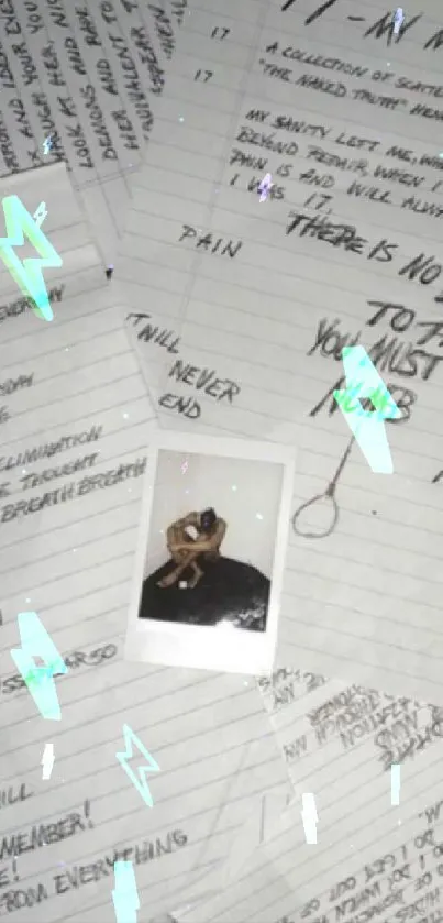 Collage of handwritten notes with Polaroid photos on a vintage-style wallpaper.