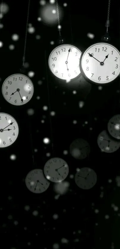 Hanging clocks on a dark black background, creating a minimalist aesthetic.