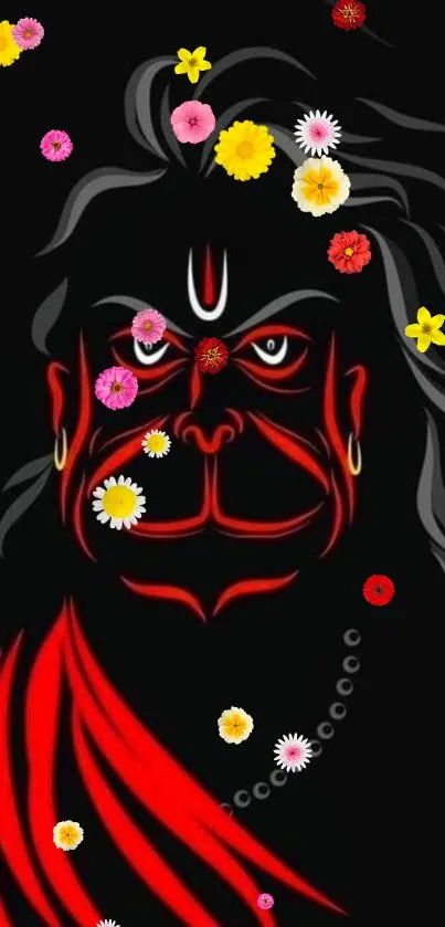 Vibrant Hanuman abstract art with flowers on black background.